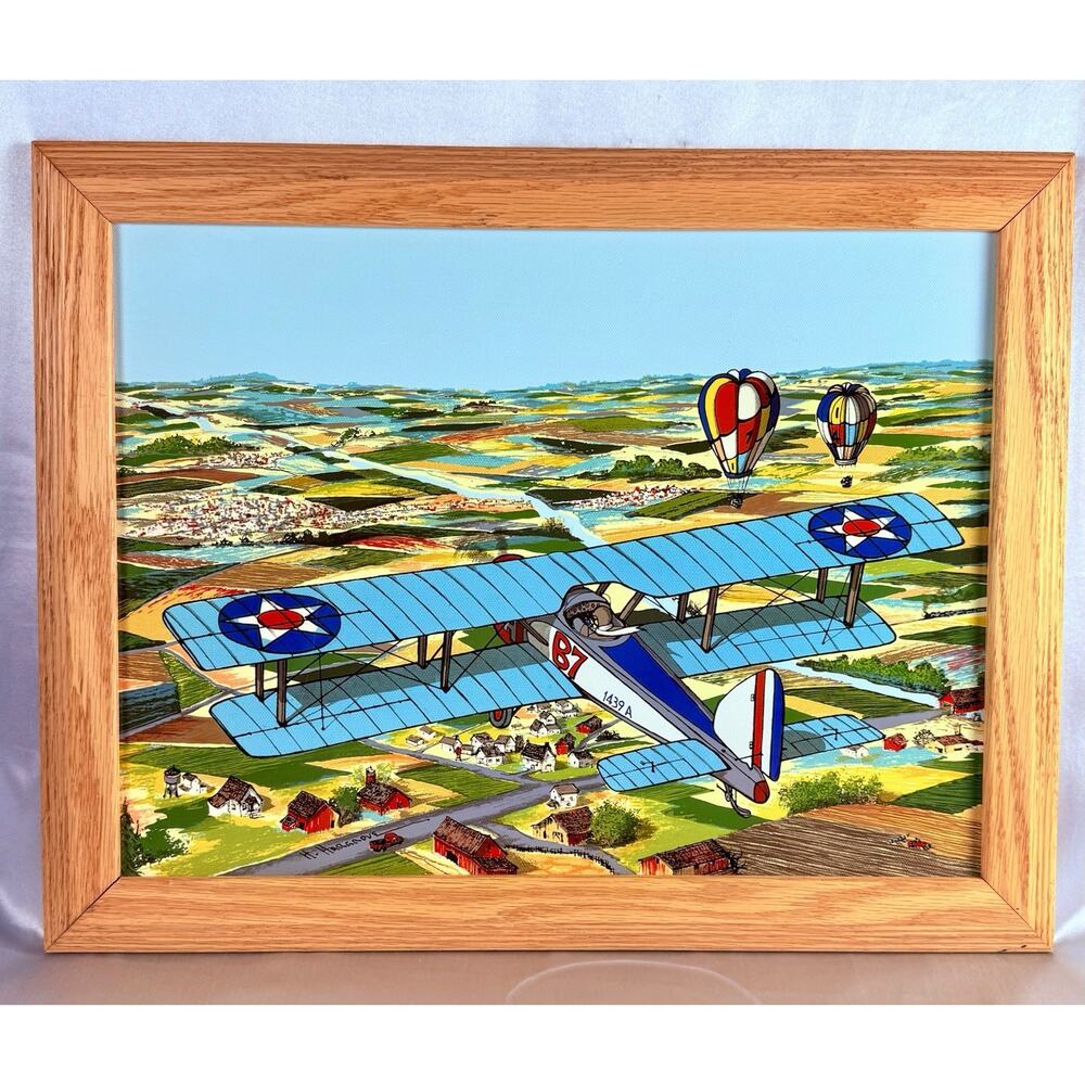 H. Hargrove Framed Serigraph Painting Biplane Airplane Hot Air Balloon Signed